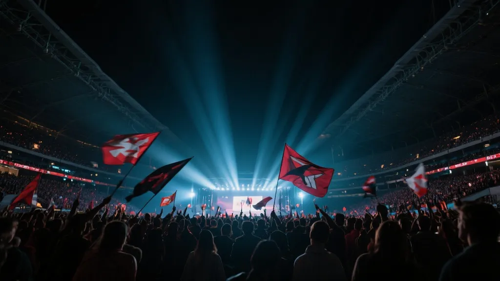 体育场灯光下的观众与舞台音浪意象，象征世界杯主题曲带来的传播共振