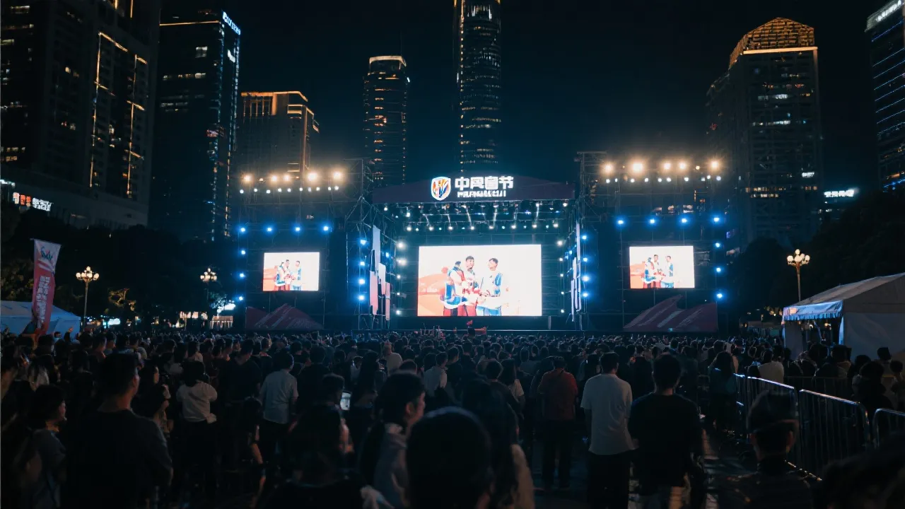 夜晚城市广场的球迷节观赛区，大屏幕与灯光装置，节庆氛围